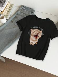 Áo phông in hình mèo cho bé gái tuổi teen, áo thường ngày mùa hè - màu đen - Xem 2