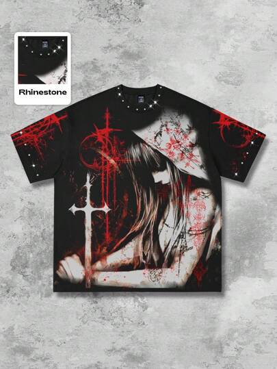 Anime T-shirt à manches courtes pour hommes, style de rue décontracté punk avec imprimé aquatique