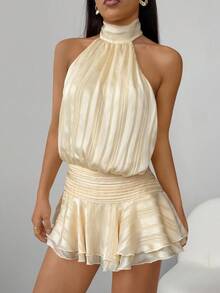 SHEIN PETITE 黄色露背低腰迷你裙，女士度假连衣裙，音乐节连衣裙，秋冬分层黄色连衣裙 - 黃色 - 查看 7