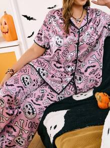 Chillnights Plus Size Halloween Element Printed Mock Neck Loungewear Pajama Set - Pink - View 1