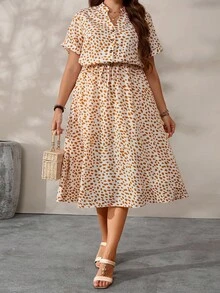 SHEIN Tall CURVE 大码时尚新款V领短袖连衣裙 - 白色 - 查看 7
