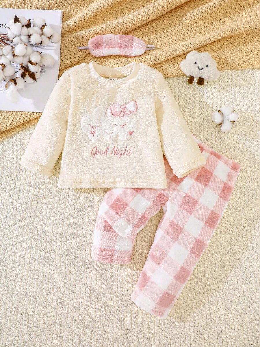 SHEIN Playful Pals 2pcs Baby Girls' Pink Plaid & Apricot Top Set, Cute Cloud Embroidery Pattern Flannel Comfortable Pajamas, Winter Fall