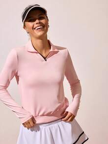 Gameset SHEIN Sport 女式 V 领长袖撞色运动 Polo 衫，春/秋粉色网球服女式网球衫女式高尔夫衫健身衫女式长袖运动衫女式防晒衫 - 粉色 - 查看 6