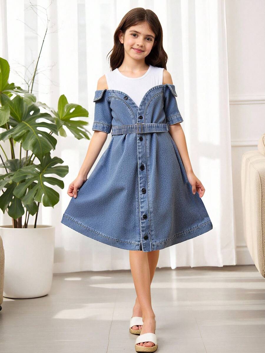Tween Girls Simple Daily Dress - Medium Wash - View 1