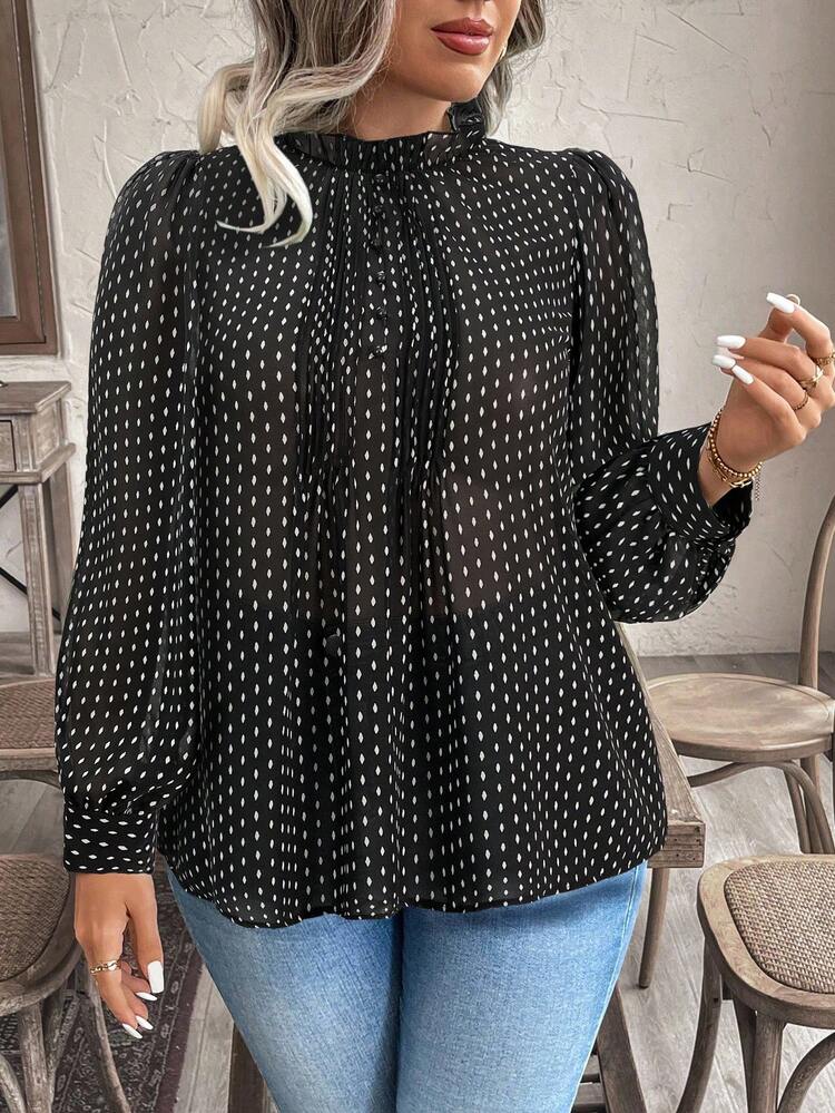 SHEIN Holidaya Plus Size Casual Puff Sleeve Allover Print Shirt, Suitable For Commuting, Autumn - Black - View 4