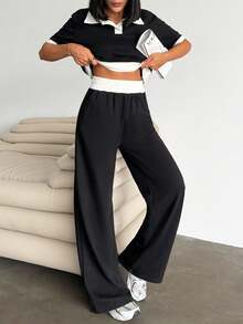 EURMUSE Women Polo Neck Top Tshirt And Contrast Belt Detailed Pant Two Pieces Set Halloween Fall Halloween Plus Size - Black and White - View 6