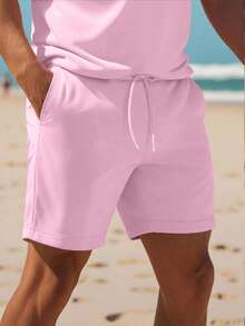 Manfinity Dauomo Men's Summer Solid Color Short Sleeve Polo Shirt And Shorts Casual Suit, Cozy Outfits - Baby Pink - View 4