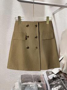Franclia Casual & Commute Double-Breasted A-Line Skirt, Autumn/Winter - Khaki - View 3