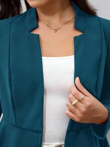 SHEIN Clasi Plus Notched Detail Ruffle Hem Blazer,Business Casual Woman In Fall/Winter - Cadet Blue - View 4