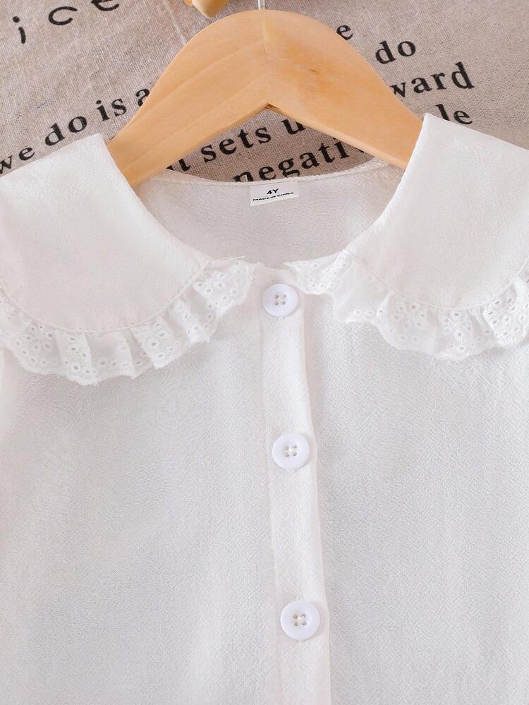 SHEIN Elladie kids 1pc Girls' Pure White Lace Trim Casual Blouse, Delicate Ruffle Big Peter Pan Collar, Cute Everyday Versatile Shirt For Autumn Fall Winter - White - View 6