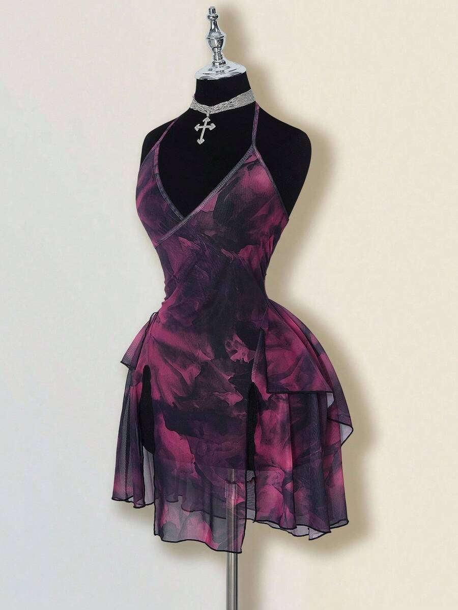 SHEIN ICON 网眼紫色扎染印花透视不对称下摆挂脖系带腰迷你连衣裙 - 紫色 - 查看 1