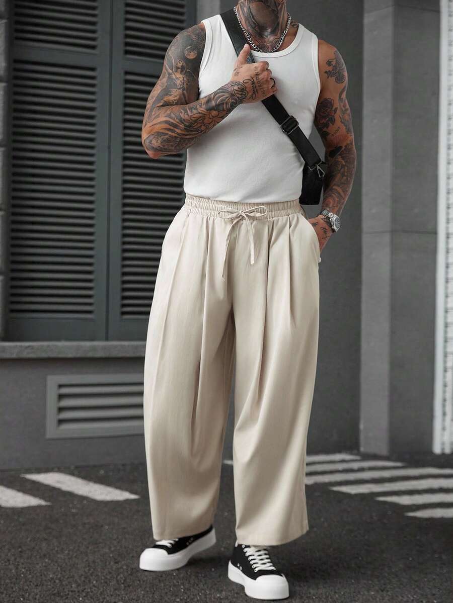 Manfinity Homme Men's Solid Color Casual Pants, Fall - Beige - View 1