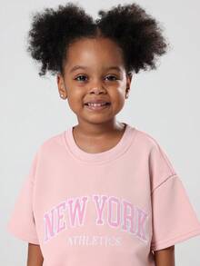SUMWON Girls New York Athletics Varsity Logo T-Shirt Co-Ord Set Oversized Casual Wear Matching Two Piece Outfit Autumn Winter Collection - Pink - View 5