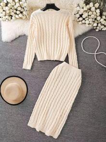 Franclia 女士通勤优雅旅行搭配纹理针织开衫和裙子毛衣套装 - 杏色 - 查看 2