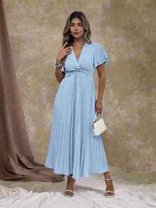 Roveilla 大码女式 V 领荷叶边荷叶边下摆短袖 A 字形连衣裙