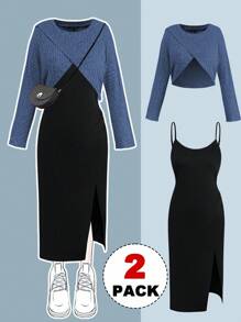 Sweetra 大码罗纹不对称设计上衣 + 细肩带褶皱开叉撞色连衣裙两件套，秋冬 - 彩色 - 查看 1