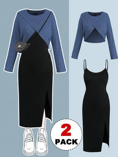 Sweetra 大码罗纹不对称设计上衣 + 细肩带褶皱开叉撞色连衣裙两件套，秋冬