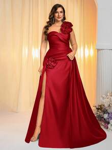 Glamrae Váy dạ hội trang trọng hở vai cổ tim thanh lịch & lãng mạn cỡ lớn 3D trang trí hoa xẻ cao viền đuôi cá - Đỏ - Xem 8