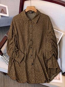 SHEIN Clasi 女式加大码豹纹纽扣前抽绳长袖衬衫 - 彩色 - 查看 1