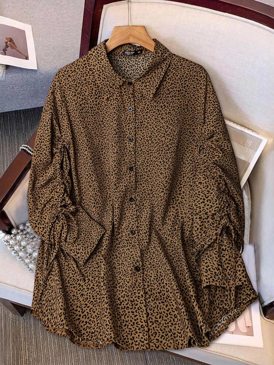 SHEIN Clasi 女式加大码豹纹纽扣前抽绳长袖衬衫 - 彩色 - 查看 1