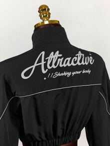 Amplova Áo khoác nữ mùa thu có chi tiết vá chữ tương phản viền ống màu đen - màu đen - Xem 11