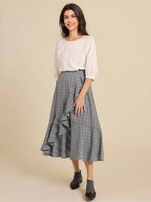 SHEIN LUNE Women Striped Ruffle Hem Casual A-Line Mid-Length Skirt Valentine's Day Going Out Outfits - Multicolor - View 3