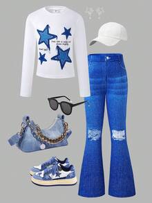 SHEIN ChillGRL Tween Girls 2 件套：时尚休闲明星和昨日印花短款长袖上衣和修身阔腿裤 - 藍色 - 查看 1