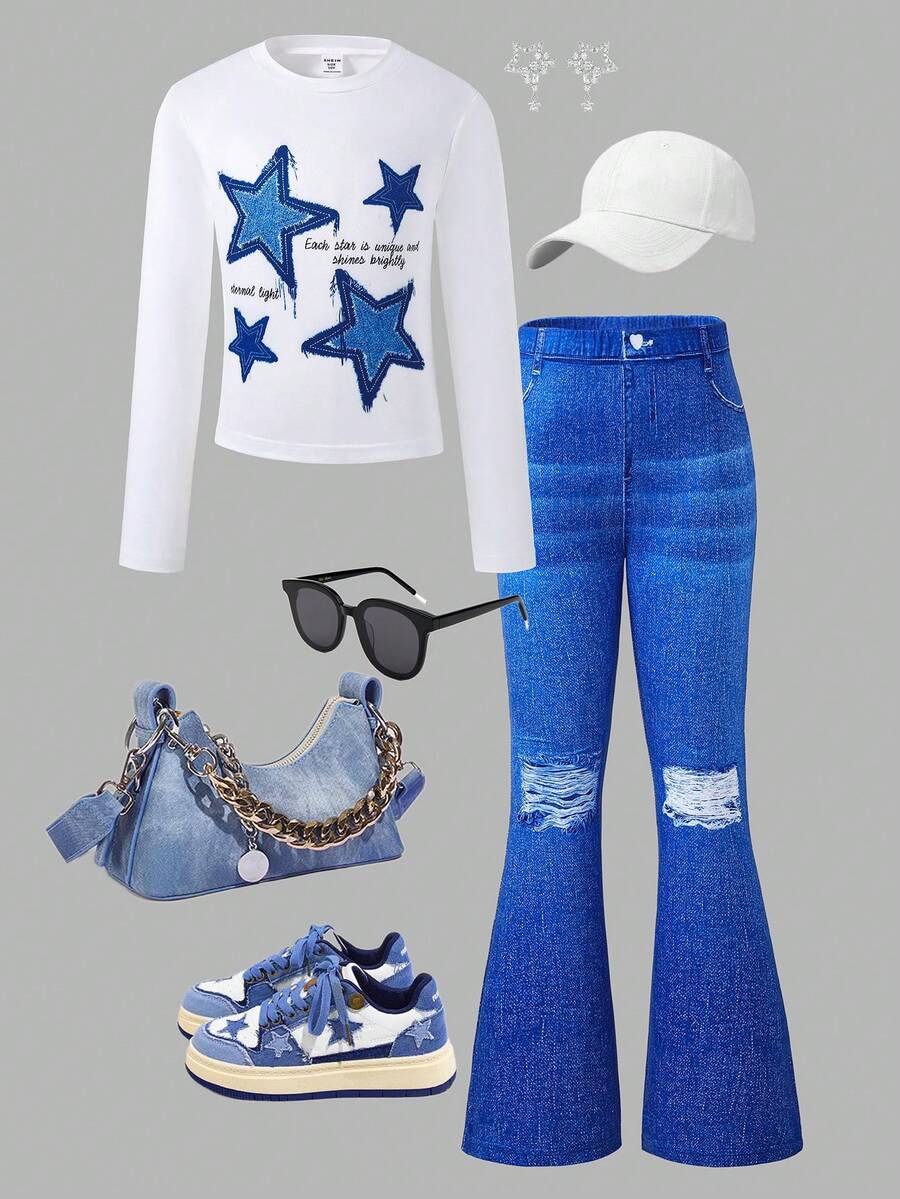 SHEIN ChillGRL Tween Girls 2 件套：时尚休闲明星和昨日印花短款长袖上衣和修身阔腿裤 - 藍色 - 查看 1