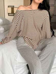 DAZY 女士宽松休闲条纹拼色长袖T恤，基本款长款上衣，适合秋季、春季和夏季 - 巧克力棕 - 查看 6