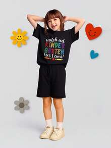 SHEIN Young Girls Casual Fashionable Comfy Cute Crayon & Alphabet Print Short Sleeve T-Shirt, Suitable For Kindergarten Wear, Summer, School, Campus, College - Black - View 5