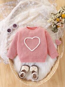 SHEIN Suéter versátil y lindo con patrón de amor para bebé y niña, prenda exterior de punto de una sola pieza - Rosa - Ver 4