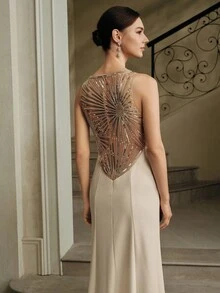 Anewsta Women's High-End Custom Beaded Luxurious Shoulder-Revealing Dress