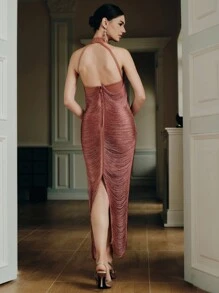 Anewsta 女式绷带流苏高领露背连衣裙，性感紧身修身派对礼服，优雅夏日装