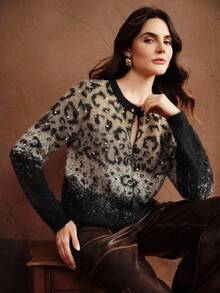 Anewsta Women's Casual Short Rhinestone Leopard Print Knit Cardigan - Multicolor - View 5