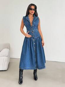 EURMUSE Váy denim cài nút phía trước cho nữ - Rửa trung bình - Xem 5