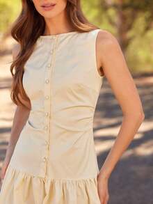 WESTFADE 船领前开扣无袖低腰修身喇叭长裙可爱秋季女装乡村音乐会服装 - 杏色 - 查看 2