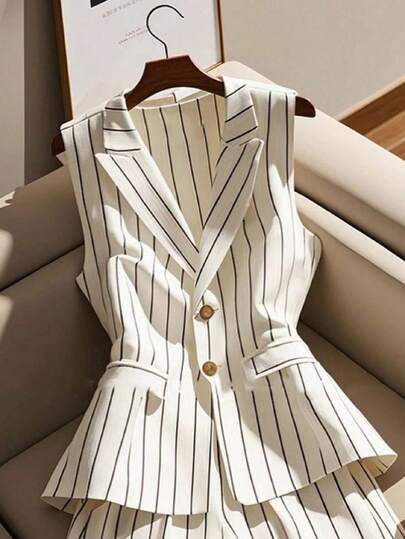 GlowEve CURVE Kooky Elegance Collection (Woe Is Me Vibes)(Wednesday Aesthetic) Plus Size Woven Fabric Elegant Commuter Elegant Fashion Versatile Sleeveless Striped Print Princess Seam Waist Slimming A-Line Shorts Women Suit Set Winter Fall Autumn