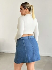 RueChic PLUS HIGH WAIST BELTED SLIT DENIM SKIRT - Light Wash - View 2