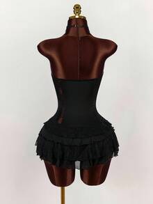 Amplova Váy ngắn hở vai nhiều lớp phối ren đen, váy mùa hè dành cho nữ - màu đen - Xem 2