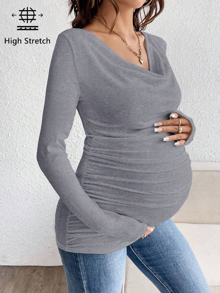 SHEIN 孕婦垂領抓皺長版純色T恤 孕婦上衣 孕婦襯衫 孕婦長袖上衣 女款孕婦衫 - 灰色 - 查看 1