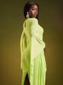 NYA SZN 连衣裙长袖蝙蝠袖褶饰镂空细节修身特殊场合活动婚礼宾客新娘派对毕业典礼日期端庄优雅伊比沙岛正式网眼长裙霓虹绿假日万圣节秋冬女士服装 - 綠色 - 查看 3