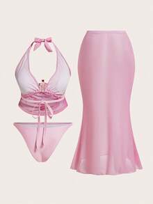 3pcs Swim Oasis Women's Vacation Floral Swimsuit, Fashionable Sexy Deep V-Neck Spaghetti Strap Bikini Top And Mini Skirt Plus Size Set