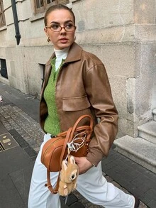 Siren Gaze Chic Brown PU Jacket For Women, 2025 New Fall Winter Clothes, Old Money Style Loose Fit Zip - Up With Patch Pockets, Elegant Casual Wear For Party/Commuting/Street Outfits, Must - Have Winter Jackets