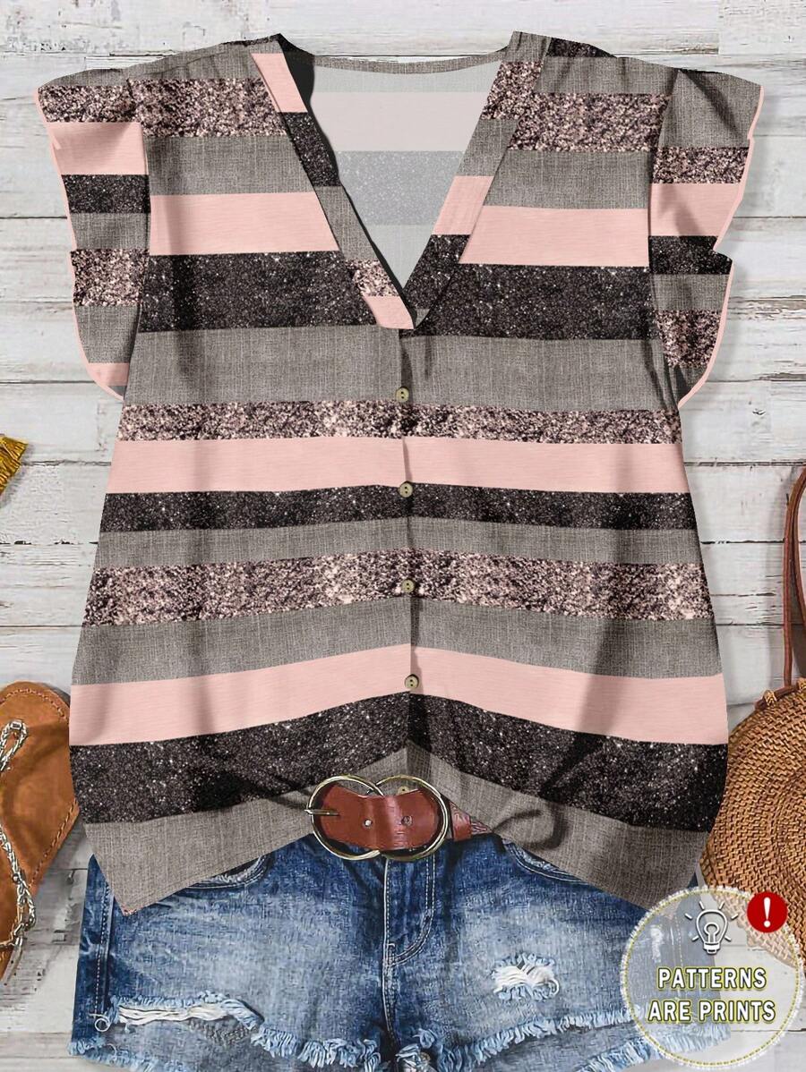 SHEIN LUNE 休闲简约粉色和金色仿机械条纹印花图案女式衬衫，适合夏季和初秋 - 彩色 - 查看 1