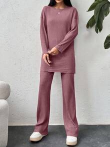 EURMUSE Cotton Drop Shoulder Split Hem Tee & Pants - Rusty Rose - View 5