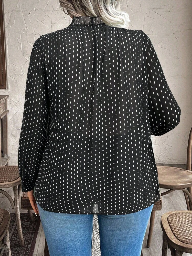SHEIN Holidaya Plus Size Casual Puff Sleeve Allover Print Shirt, Suitable For Commuting, Autumn - Black - View 2