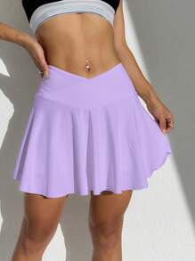 Gameset SHEIN Sport Women's Solid Color Asymmetric Waistband Pocket Sports Skort Purple Tennis Skirt Workout Skirt - Purple - View 5