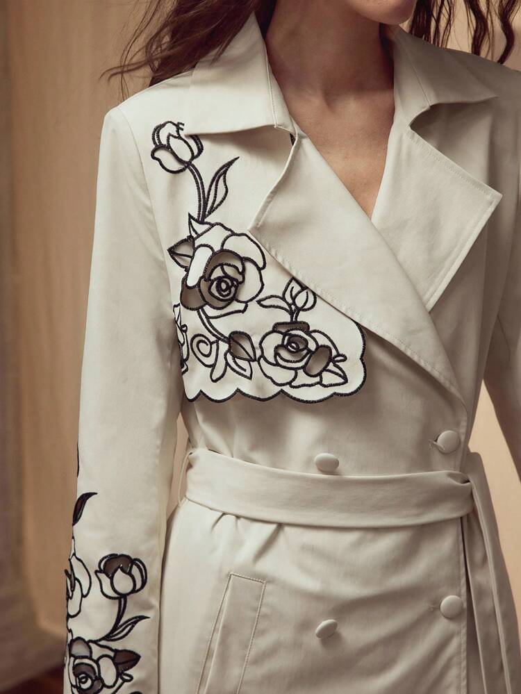 LASER CUT EMBROIDERY FLORAL DETAIL LAPEL COLLAR DOUBLE BREASTED PLACKET BELTED TRENCH COAT,FALL