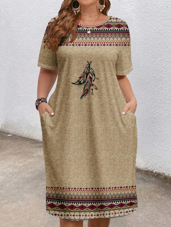 EMERY ROSE Plus Size Feather Print Vacation Dress, Suitable For Summer,Beach Dress Sundress,Holiday Outfits Boho Suitable For Going Out Chic Dress,Spring