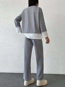 EURMUSE Bộ đồ thể thao 2 món thoải mái, áo nỉ cổ tròn thường ngày cỡ nhỏ có viền chi tiết, vừa vặn thoải mái - Xám - Xem 2